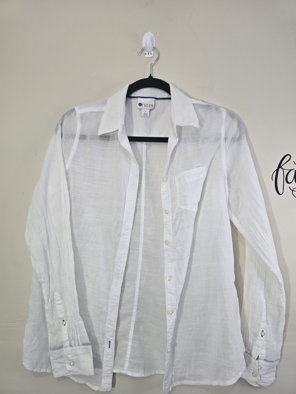 STYLUS White Sheer Button Down Shirt Size Small Lightweight Long Sleeve Blouse